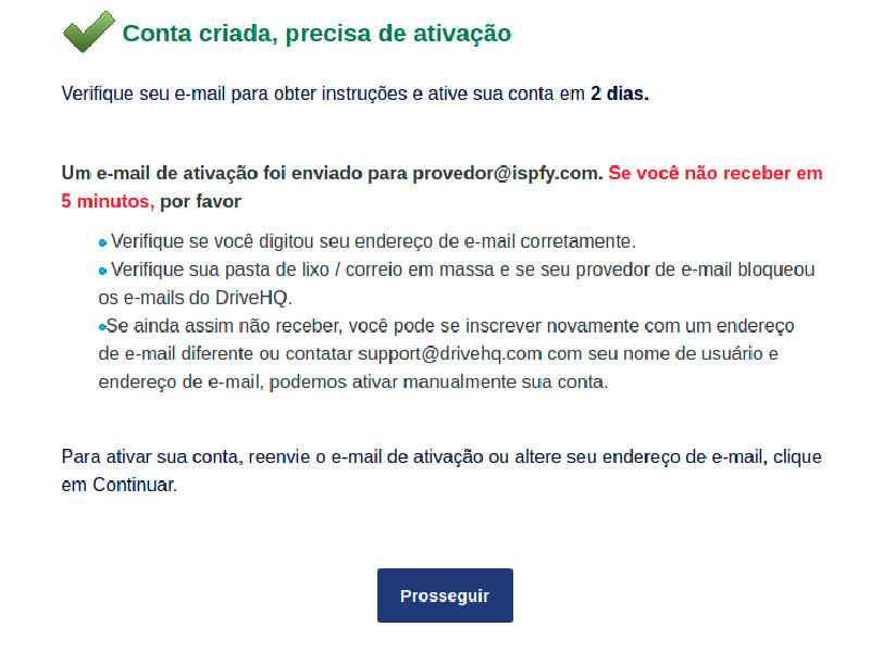 Ativar conta no DriveHQ.