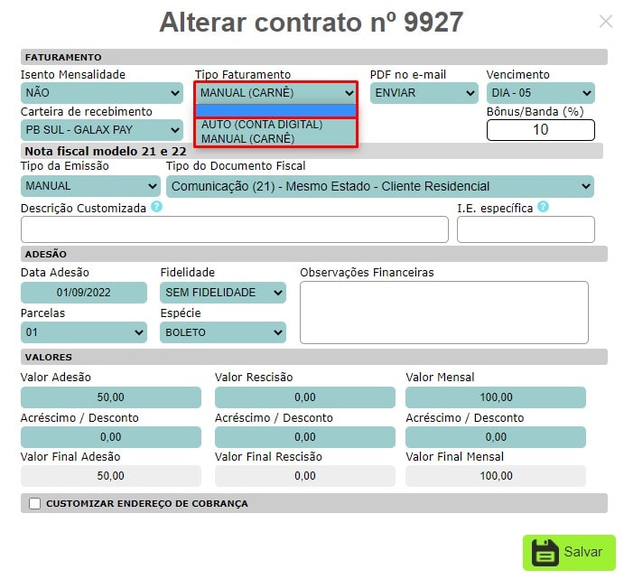 Alterar tipo de faturamento no contrato.