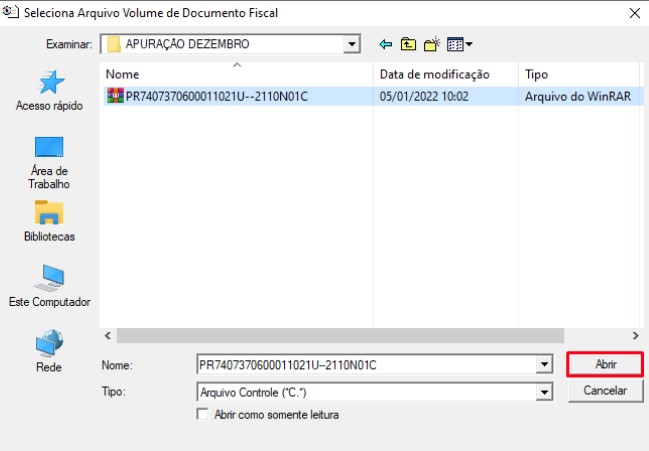 Selecionando arquivo de volume de documento fiscal.