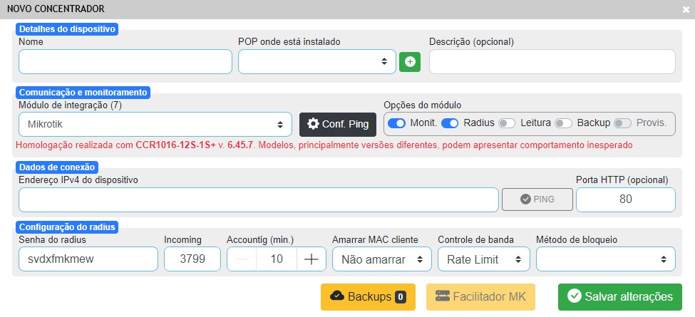 Configurar monitoramento e radius do concentrador Mikrotik no ISPFY.