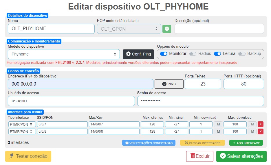 Integração de OLT por Telnet.