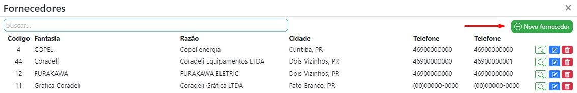 Lista de fornecedores no ISPFY.