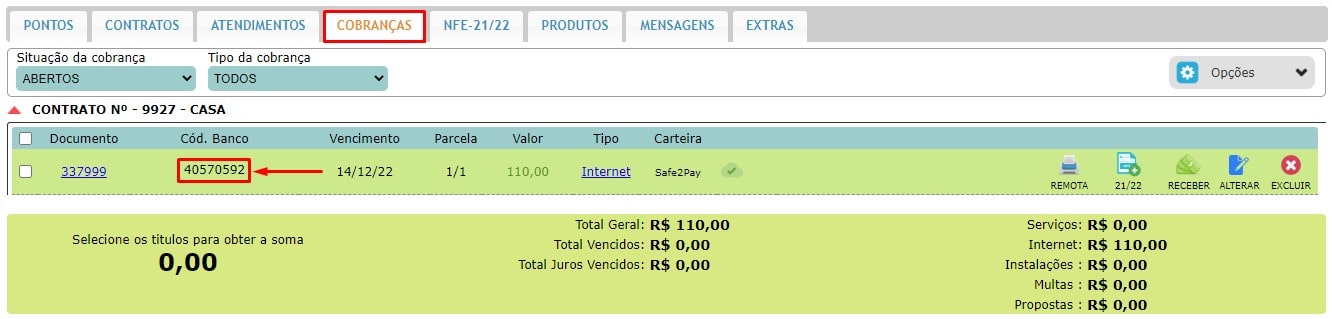 Código da cobrança no banco.