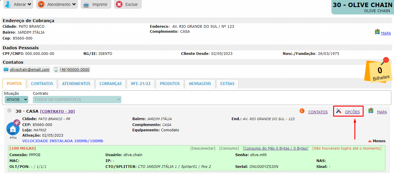 Selecionar opções do ponto no cadastro do cliente.