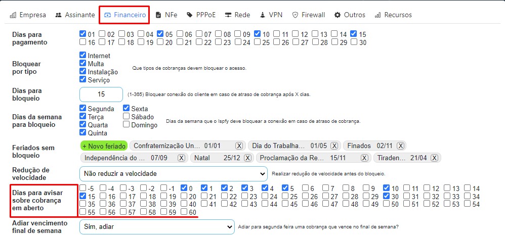 Configurar dias para avisar sobre cobrança em aberto.