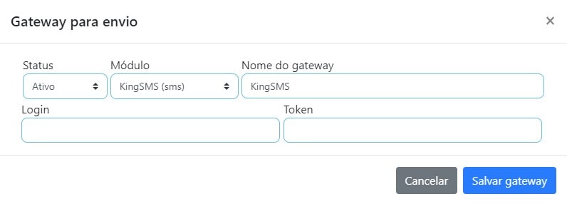 Cadastrar gateway para envio de mensagens.