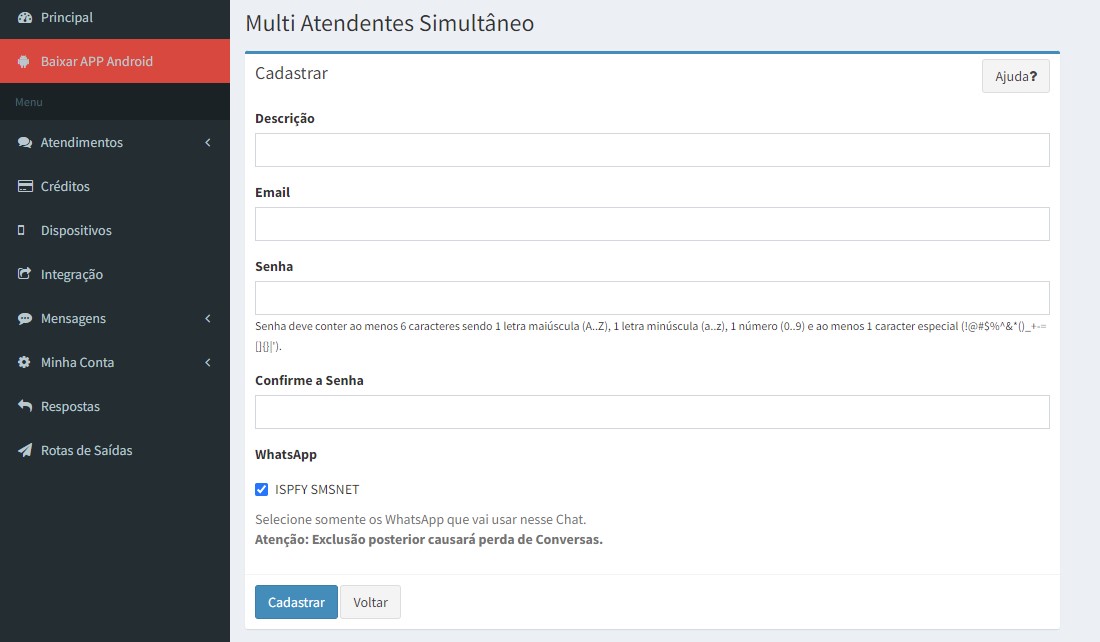 Cadastrar multi atendentes simultâneo no SMSNET.