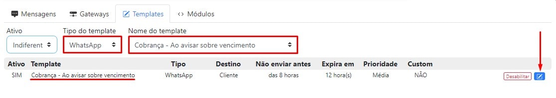 Editar template de cobrança ao avisar sobre o vencimento.