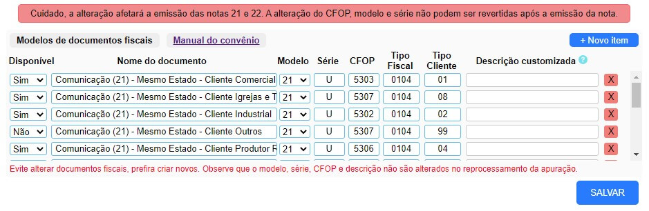 Modelos de documentos fiscais no ISPFY.