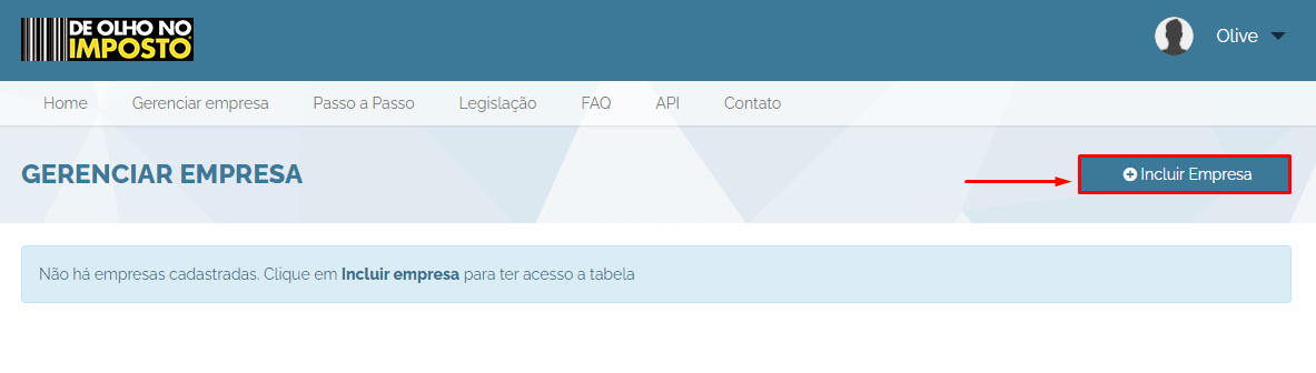 Incluir empresa no De Olho no Imposto