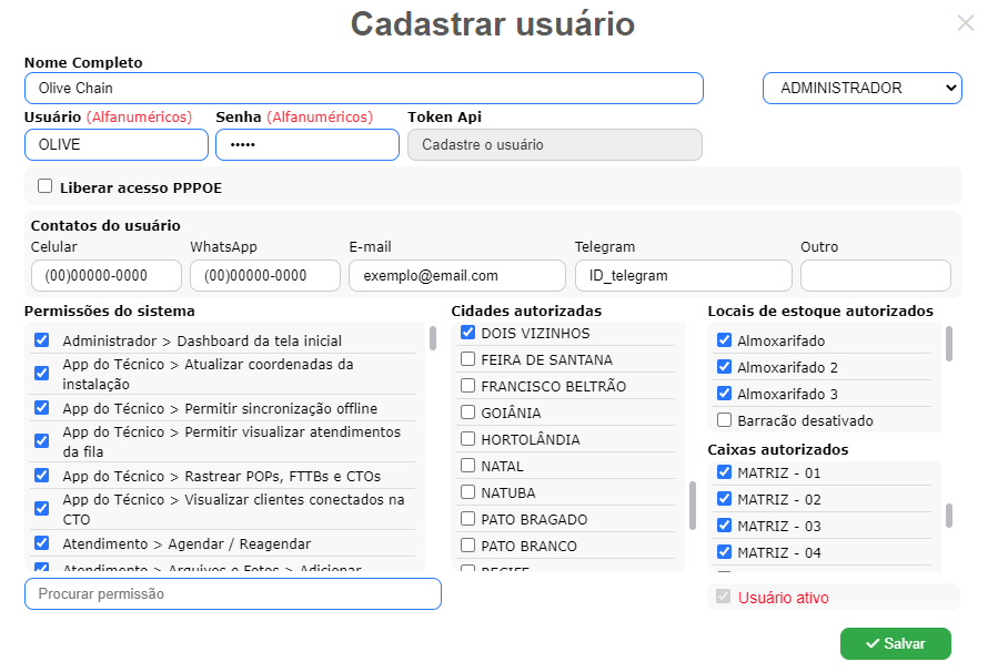 Cadastrando usuário.