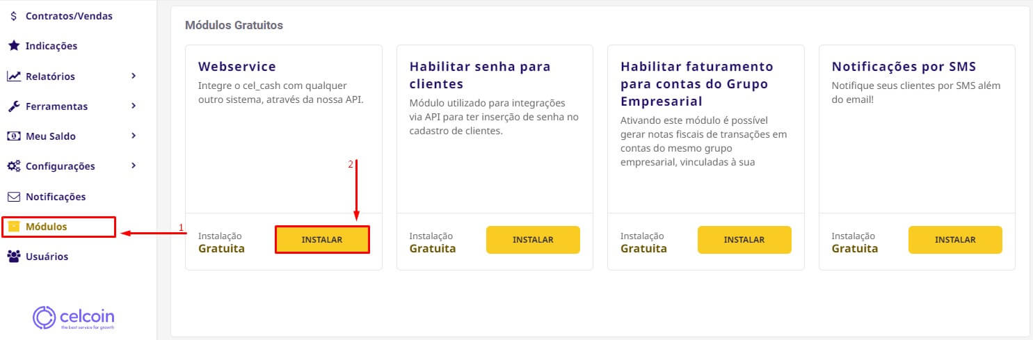 Instalar o modulo Webservice no Cel_cash.