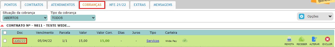 Lista de cobranças no ISPFY.