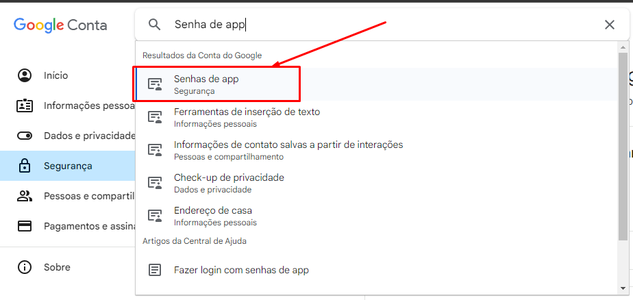 Campo de pesquisa com texto "Senha de app" 